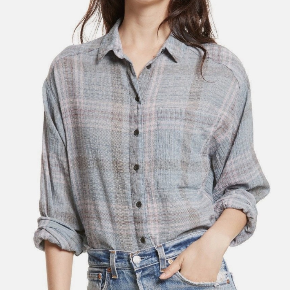 Free People Blue Pink Plaid Cutie Crop Button Up Shirt Long Sleeve Fall Grunge